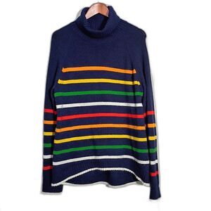 J Crew Navy Blue Colorful Rainbow Stripe Turtleneck Sweater Hi Low Wool Alpaca L